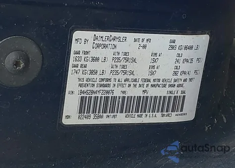 2000 Dodge Durango z USA, uszkodzony, nr VIN 1B4HS28N4YF220076